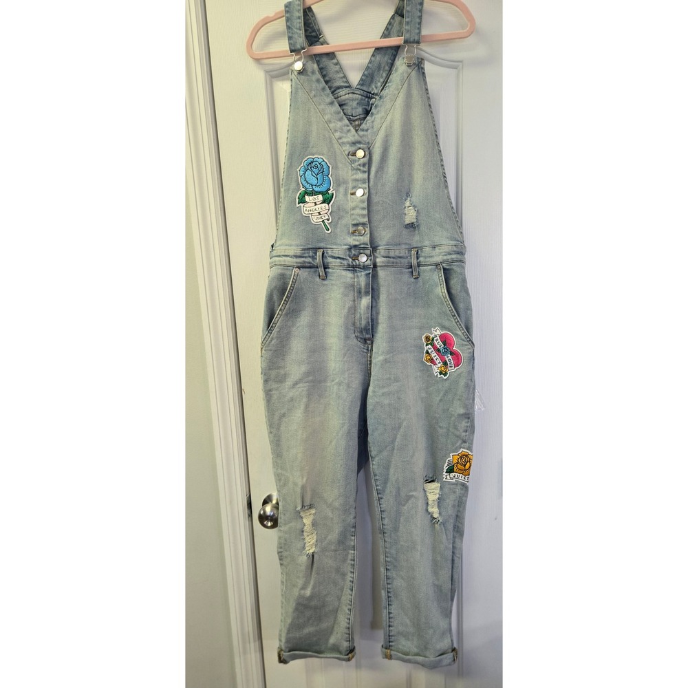 Juicy Couture Denim Overalls Light Wash Distressed Embroidered Patch Y2K 14